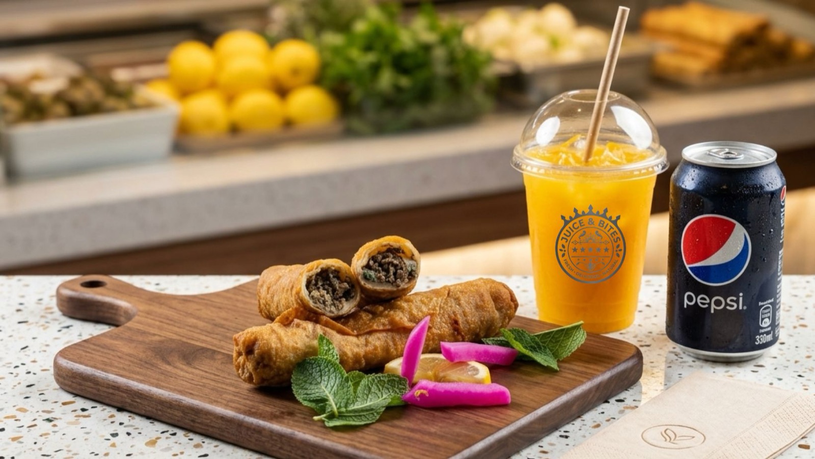 Golden meat rolls with fresh orange juice